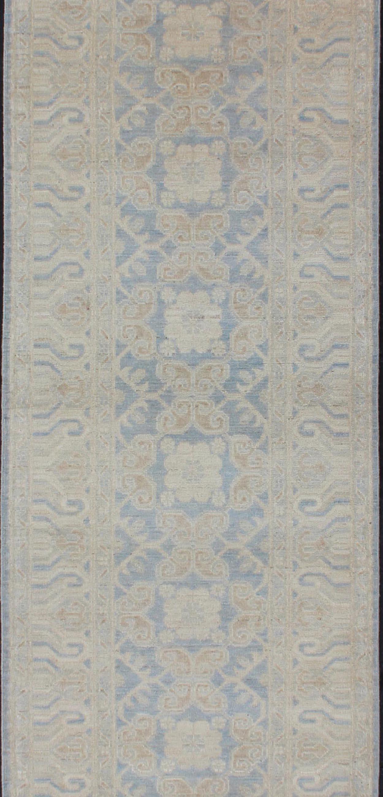 Afghan Khotan Runner with Geometric Design in Shades of Powder Blue and Tan In New Condition For Sale In Atlanta, GA