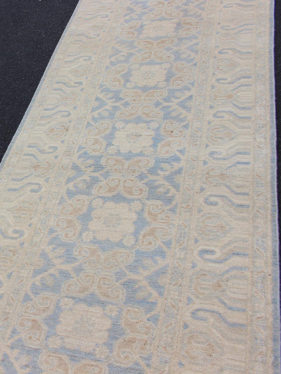 Contemporary Afghan Khotan Runner with Geometric Design in Shades of Powder Blue and Tan For Sale