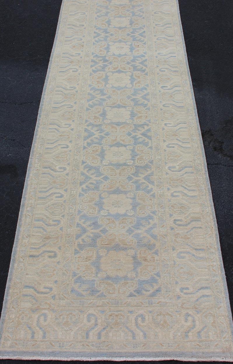 Wool Afghan Khotan Runner with Geometric Design in Shades of Powder Blue and Tan For Sale