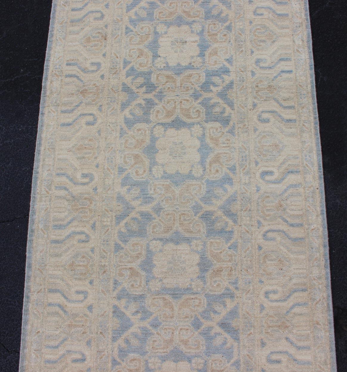 Afghan Khotan Runner with Geometric Design in Shades of Powder Blue and Tan For Sale 1