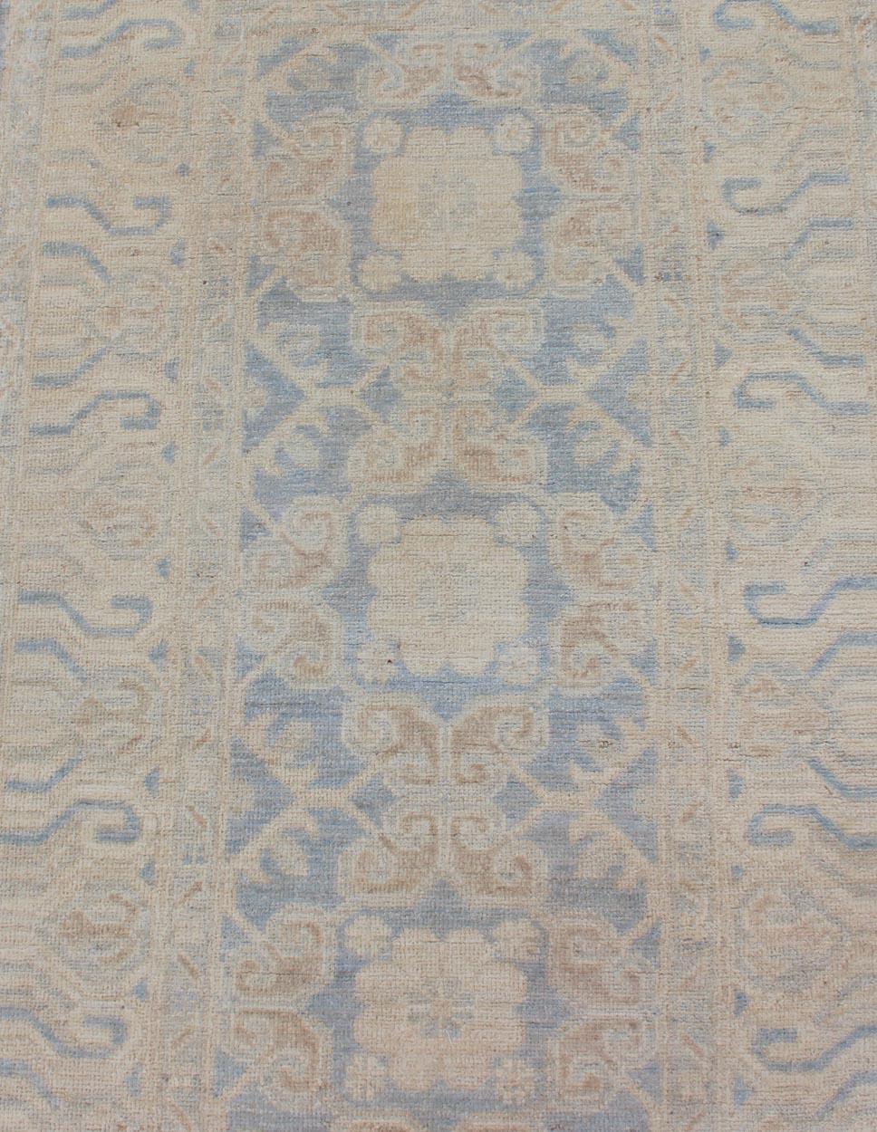 Afghan Khotan Runner with Geometric Design in Shades of Powder Blue and Tan For Sale 2