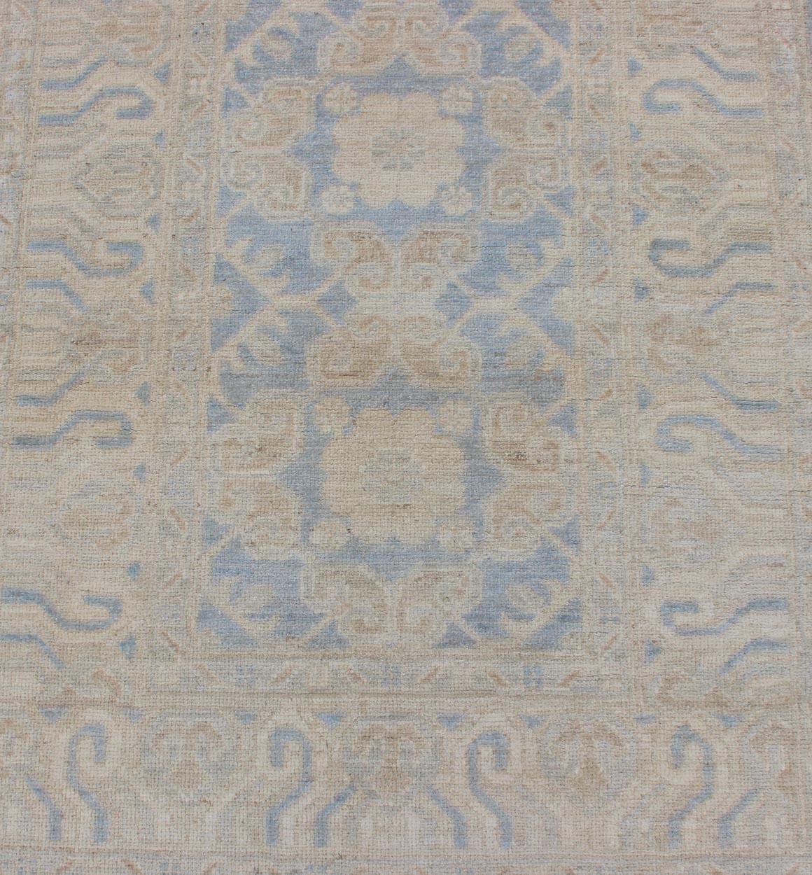 Afghan Khotan Runner with Geometric Design in Shades of Powder Blue and Tan For Sale 3