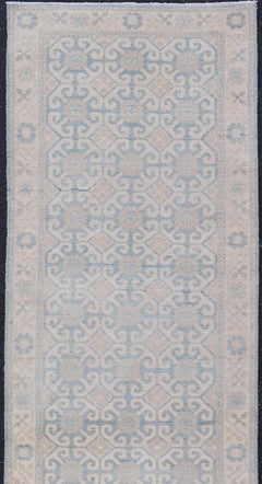 Afghan Khotan Tribal Runner in Ivory with Soft Blue and Sand Motifs