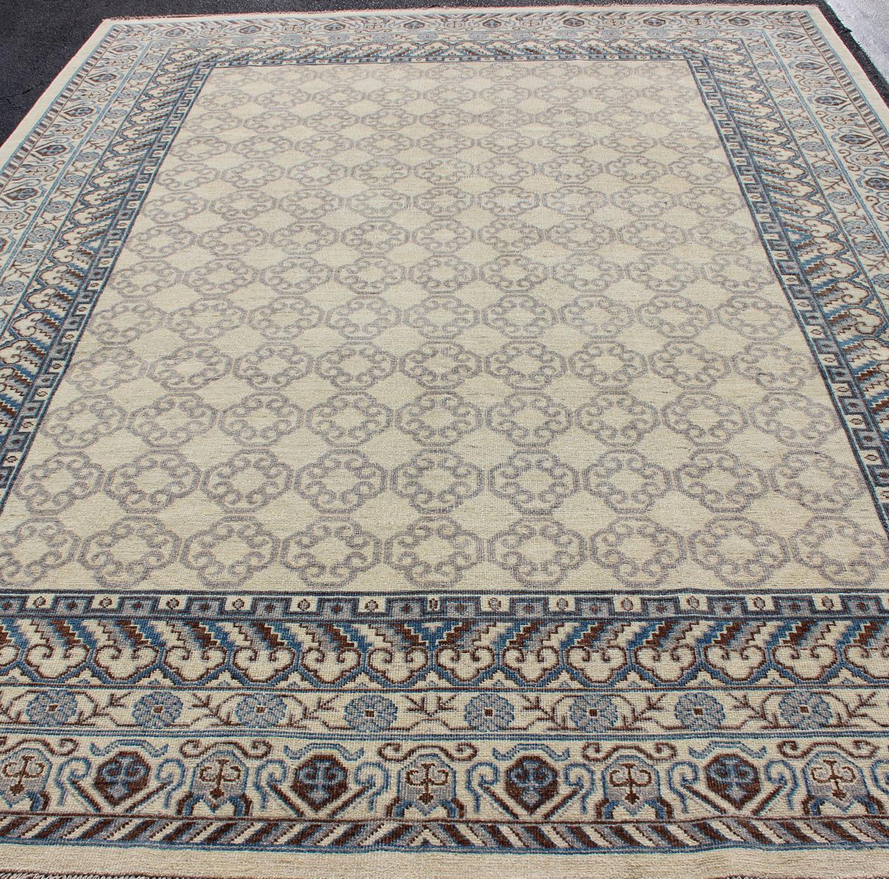 Contemporary Khotan with Geometric Design in Blue, Brown & Cream Colors For Sale 3