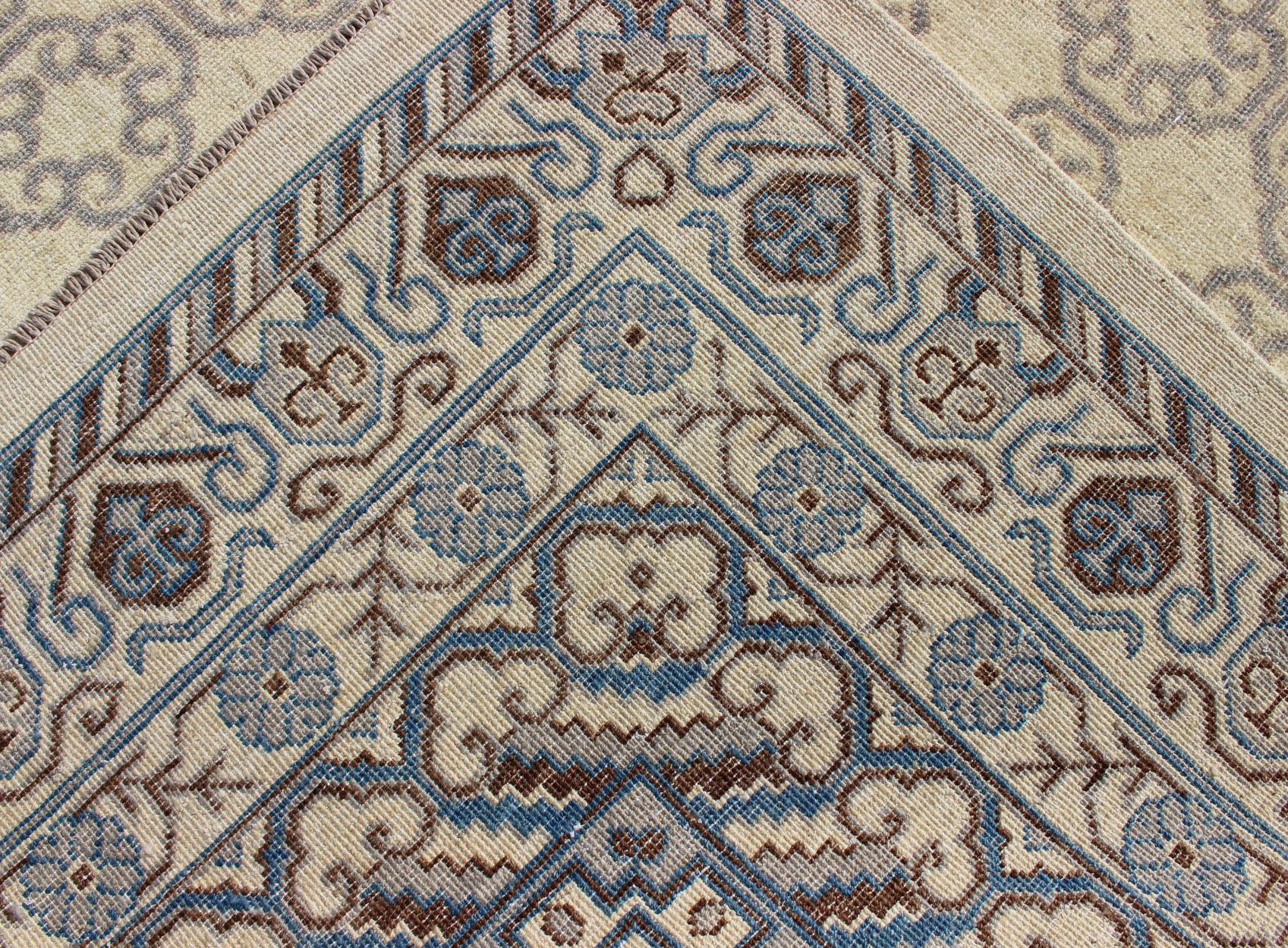Contemporary Khotan with Geometric Design in Blue, Brown & Cream Colors For Sale 7