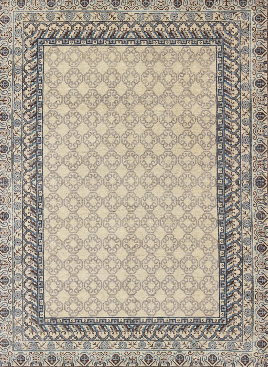 Afghan Contemporary Khotan with Geometric Design in Blue, Brown & Cream Colors For Sale