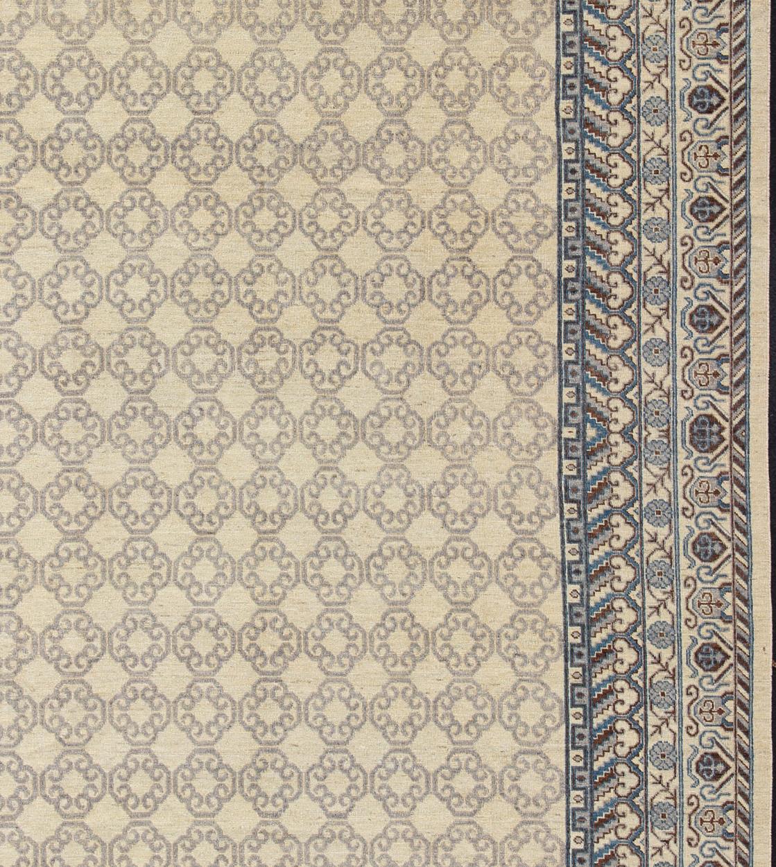 Hand-Knotted Contemporary Khotan with Geometric Design in Blue, Brown & Cream Colors For Sale