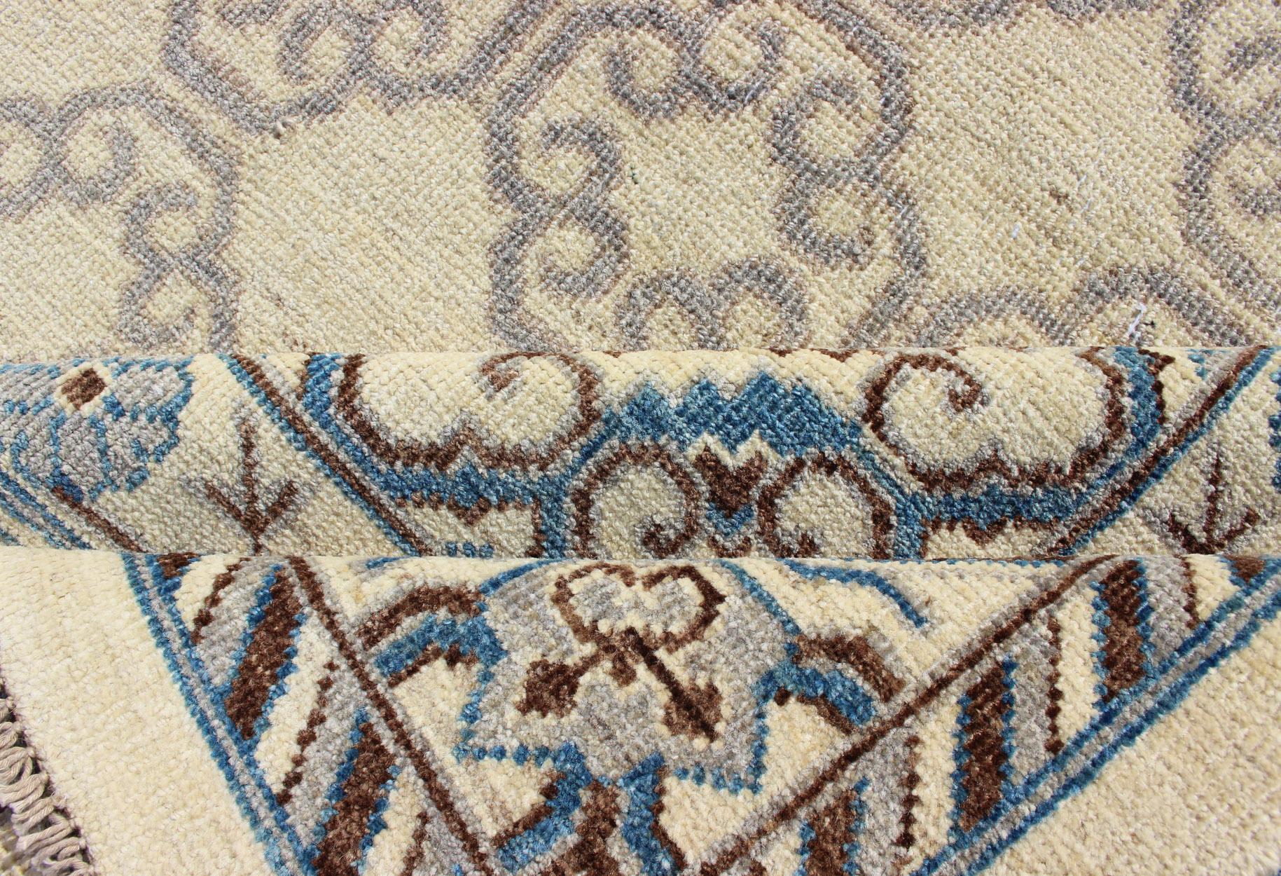 Contemporary Khotan with Geometric Design in Blue, Brown & Cream Colors For Sale 6