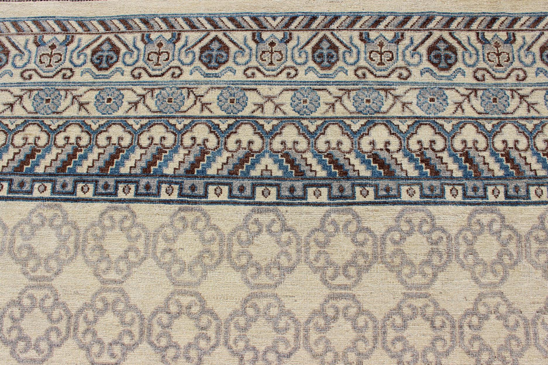 Contemporary Khotan with Geometric Design in Blue, Brown & Cream Colors In New Condition For Sale In Atlanta, GA
