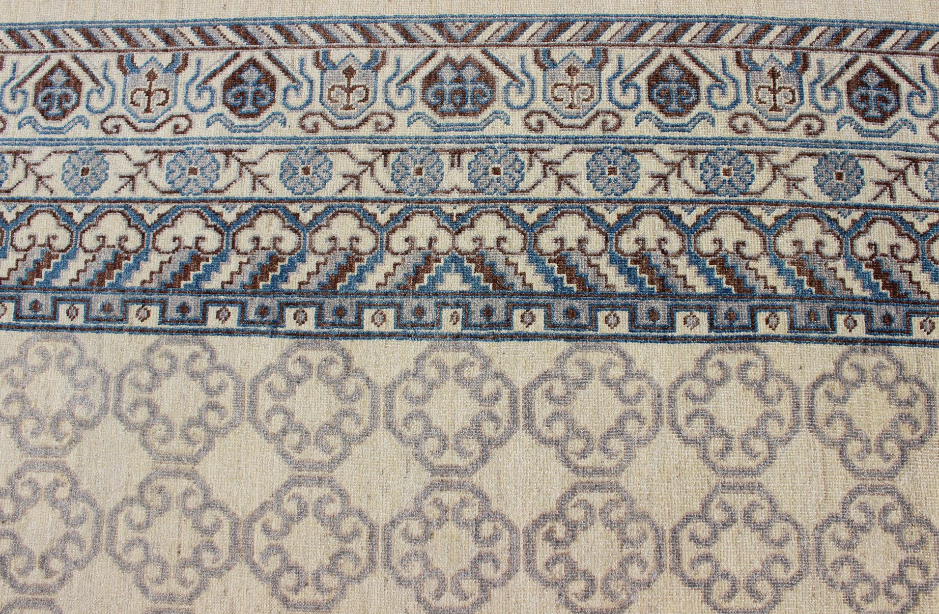 Wool Contemporary Khotan with Geometric Design in Blue, Brown & Cream Colors For Sale