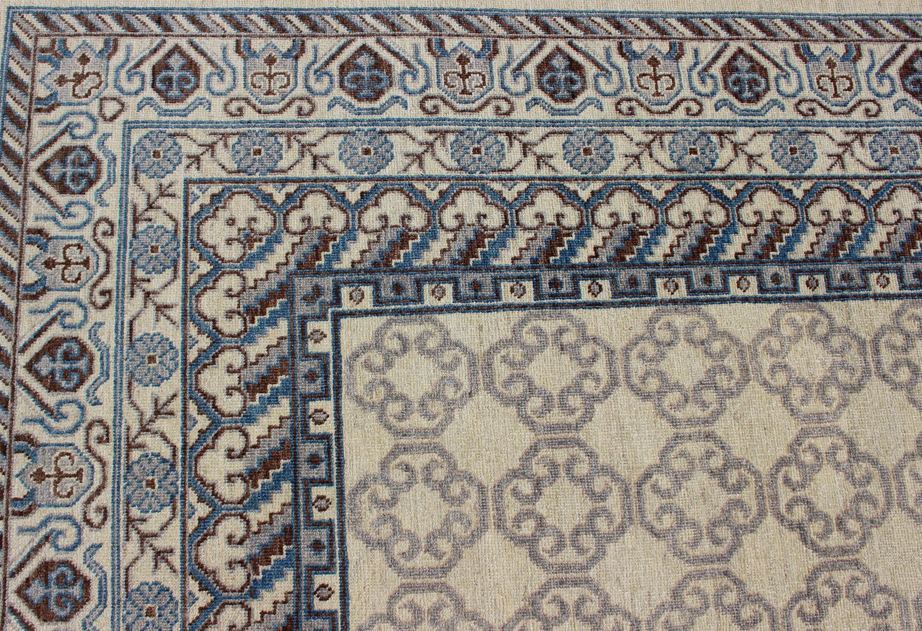 Contemporary Khotan with Geometric Design in Blue, Brown & Cream Colors For Sale 1