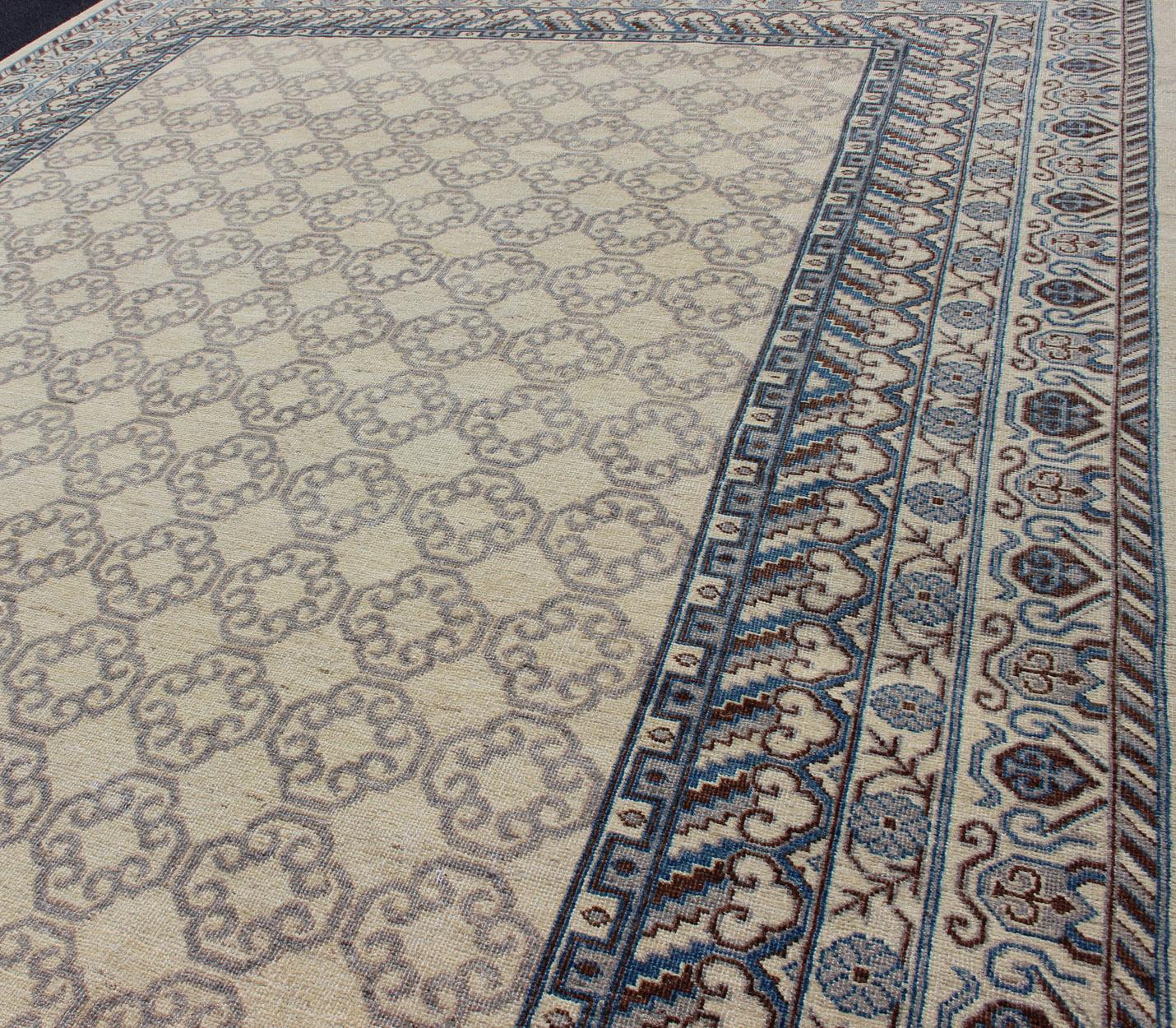 Contemporary Khotan with Geometric Design in Blue, Brown & Cream Colors For Sale 2