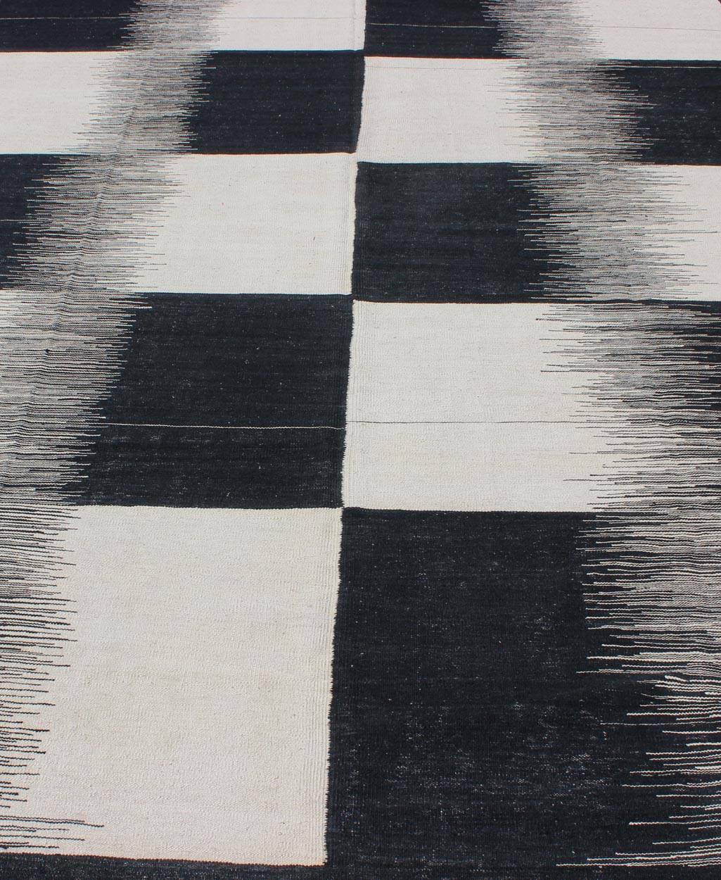 Modern Kilim Rug with Black, White, and Gray Large Block and Checkerboard Design 2