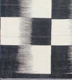 Modern Kilim Rug with Black, White, and Gray Large Block and Checkerboard Design