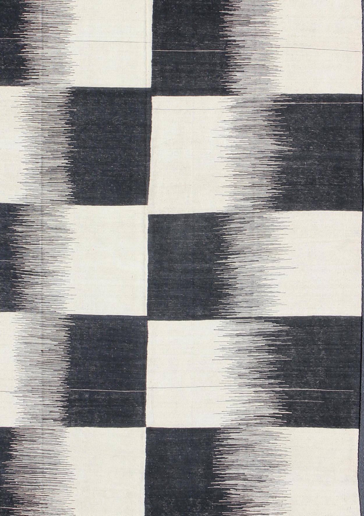 Afghan Modern Kilim Rug with Black, White, and Gray Large Block and Checkerboard Design