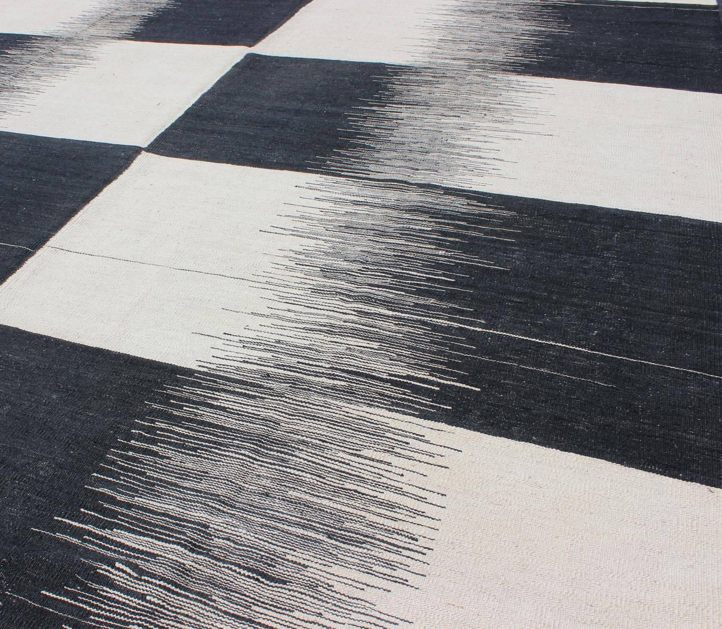 Hand-Woven Modern Kilim Rug with Black, White, and Gray Large Block and Checkerboard Design