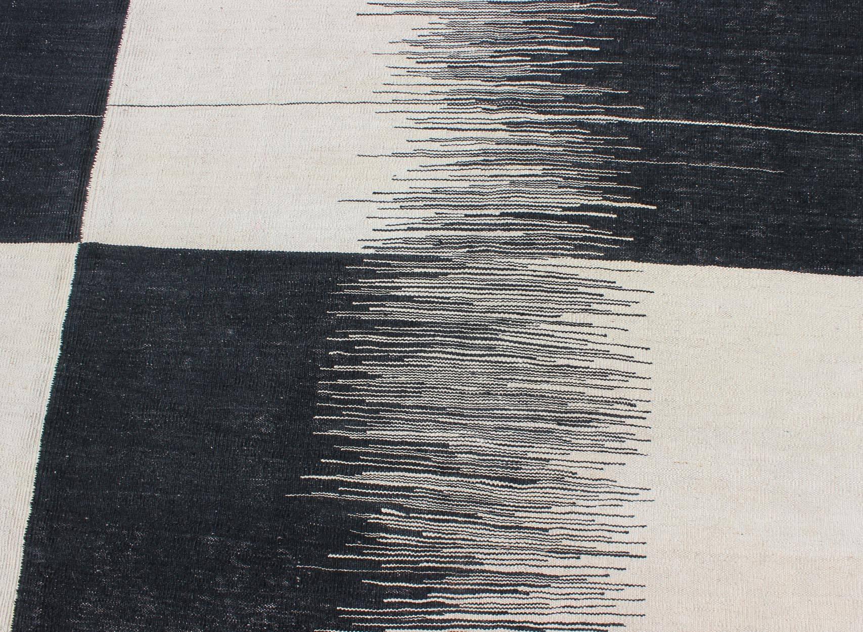 Modern Kilim Rug with Black, White, and Gray Large Block and Checkerboard Design In Excellent Condition In Atlanta, GA