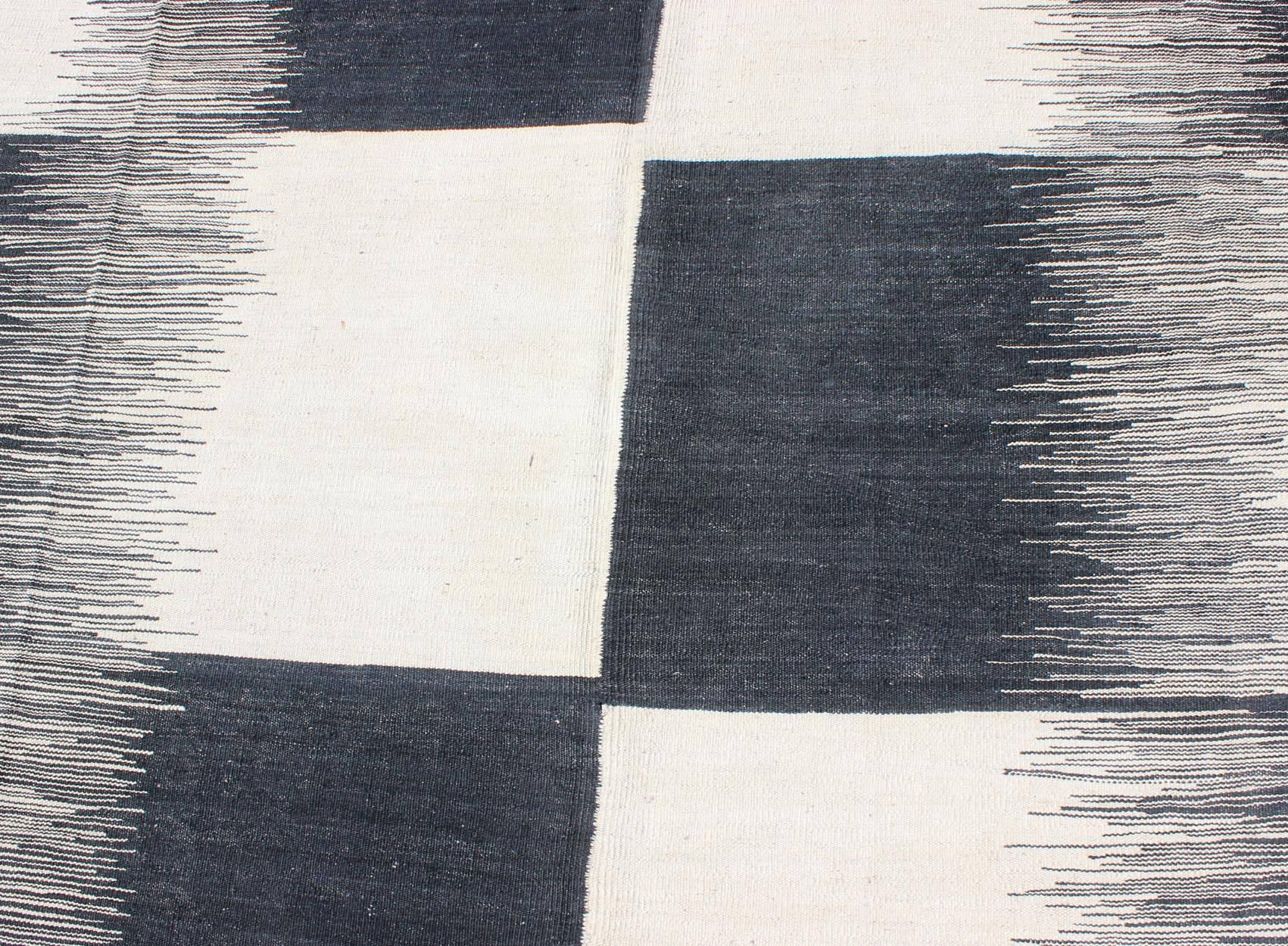 Contemporary Modern Kilim Rug with Black, White, and Gray Large Block and Checkerboard Design