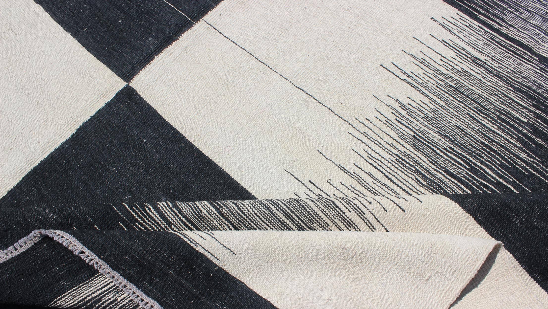Modern Kilim Rug with Black, White, and Gray Large Block and Checkerboard Design 1