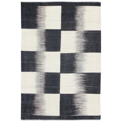 Modern Kilim Rug with Black, White, and Gray Large Block and Checkerboard Design