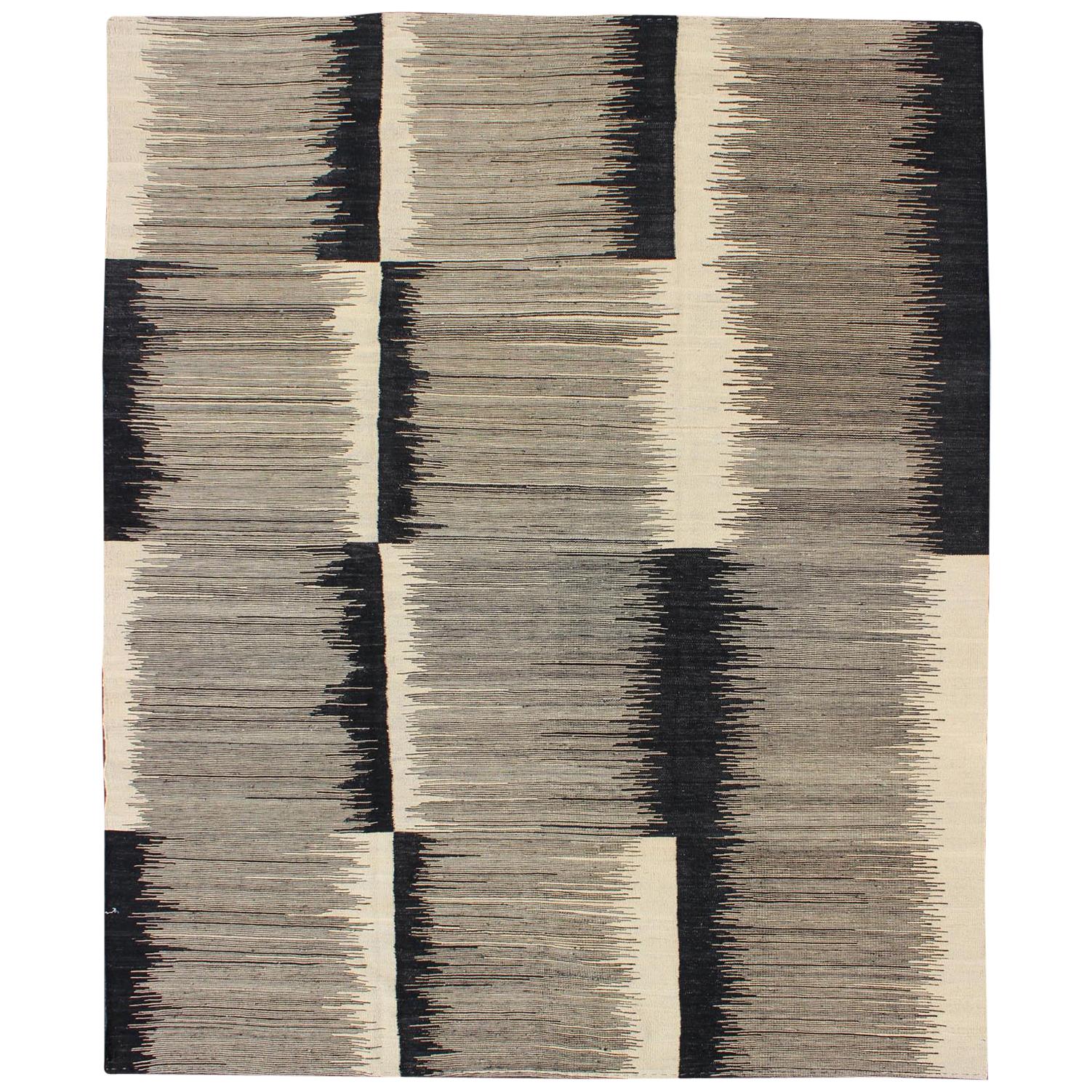 Modern Kilim Rug with Black, Ivory and Gray Checkerboard and Block Pattern
