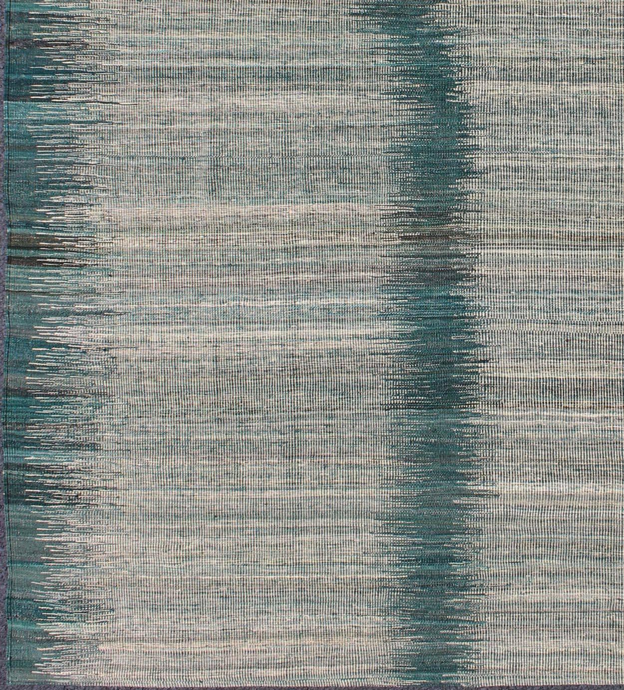 Afghan Modern Kilim rug with vertical strip in White, Cream, gray and teal. Keivan Woven Arts /  rug orn-29700, country of origin / type: Afghanistan / Kilim
Measures: 5'10 x 7'9.
This designer modern Kilim is decorated with a variegated gray,