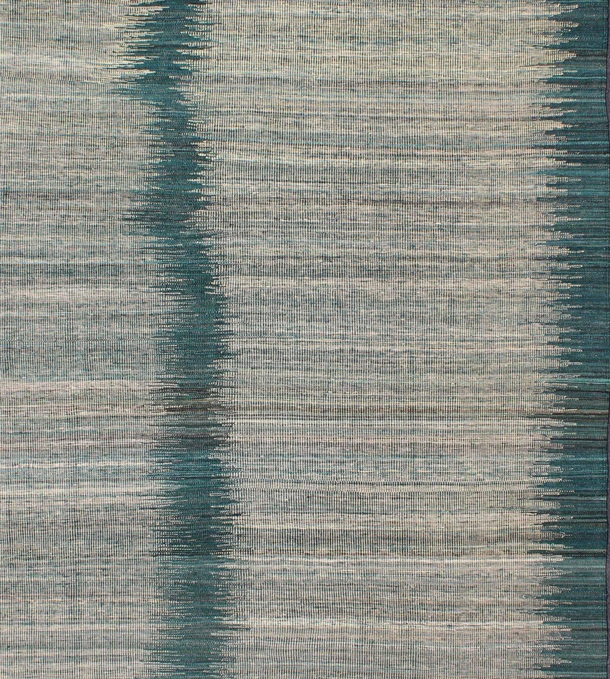 Hand-Woven Modern Design Kilim Rug with Vertical Strip in White, Cream, Gray and Teal For Sale