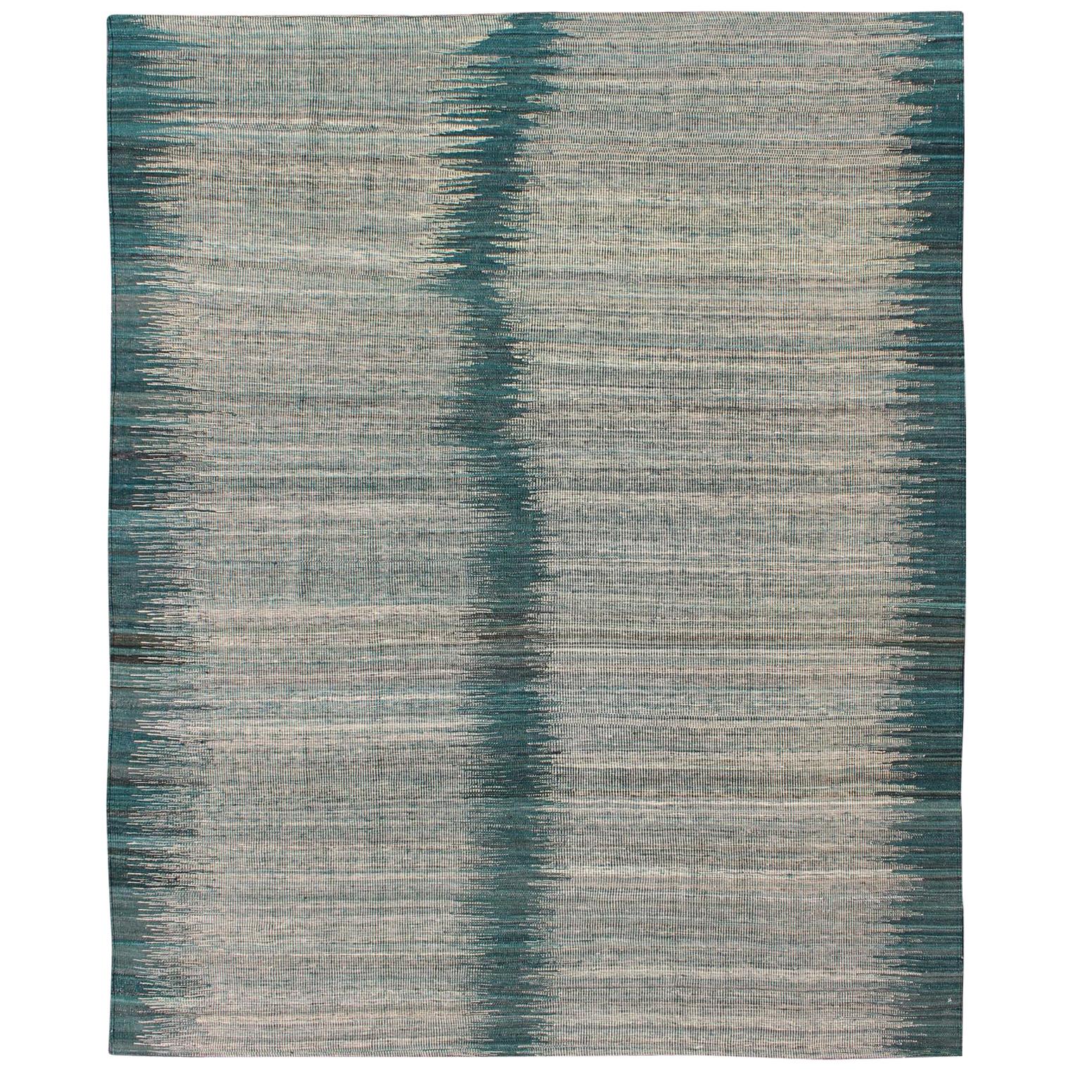 Modern Design Kilim Rug with Vertical Strip in White, Cream, Gray and Teal