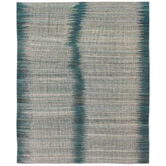 Tapis Kilim à rayures verticales blanches, crème, grises et sarcelles
