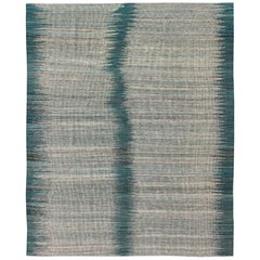 Modern Design Kilim Rug with Vertical Strip in White, Cream, Gray and Teal