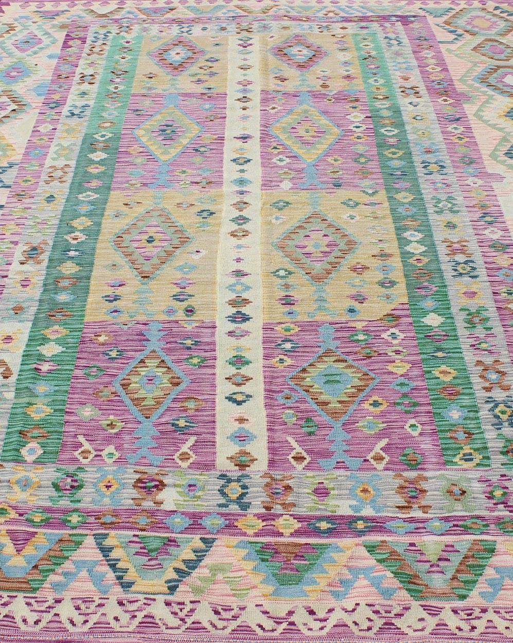 Modern Afghan Flat Weave Kilim Rug in Purple, Lavender, Green, yellow and Cream  2