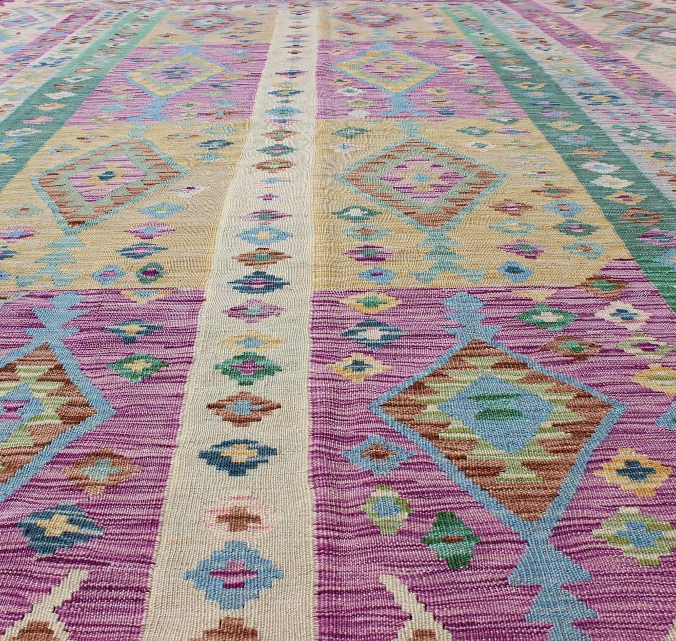 Modern Afghan Flat Weave Kilim Rug in Purple, Lavender, Green, yellow and Cream  3