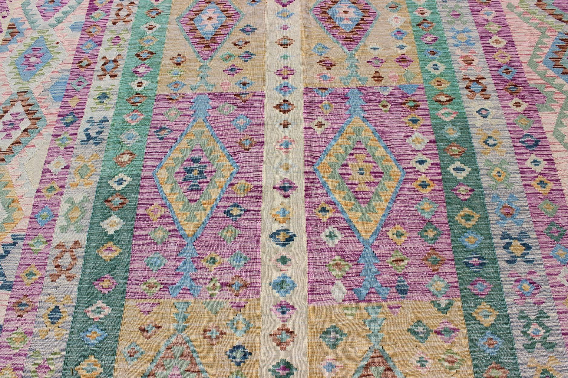 Modern Afghan Flat Weave Kilim Rug in Purple, Lavender, Green, yellow and Cream  4