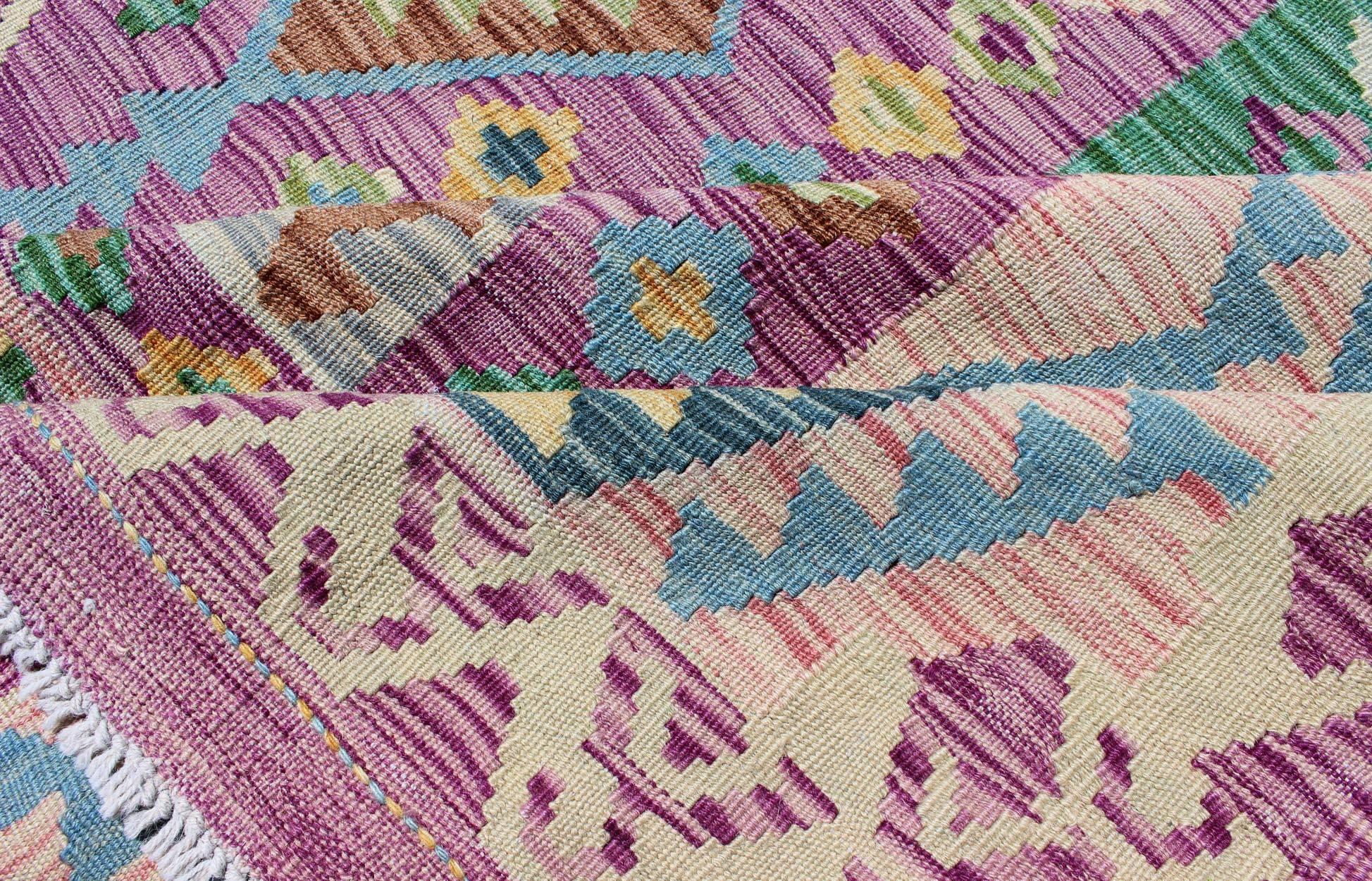 Hand-Woven Modern Afghan Flat Weave Kilim Rug in Purple, Lavender, Green, yellow and Cream 