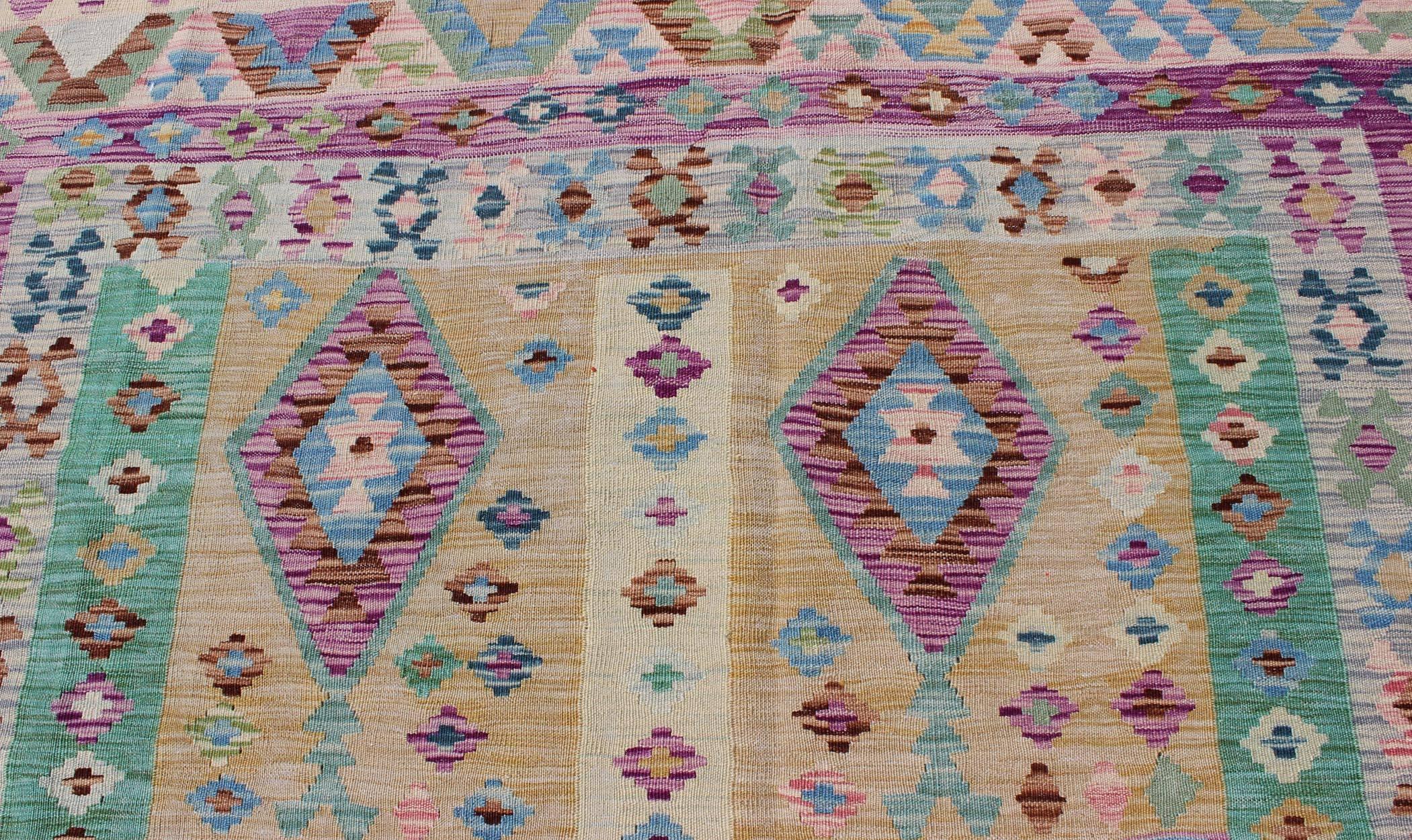 Modern Afghan Flat Weave Kilim Rug in Purple, Lavender, Green, yellow and Cream  In Excellent Condition In Atlanta, GA