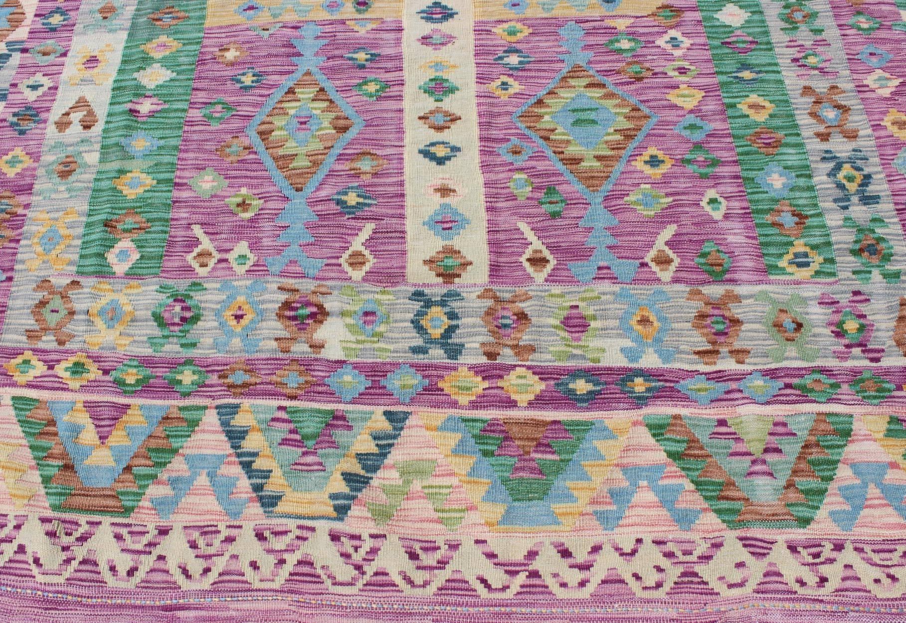 Contemporary Modern Afghan Flat Weave Kilim Rug in Purple, Lavender, Green, yellow and Cream 