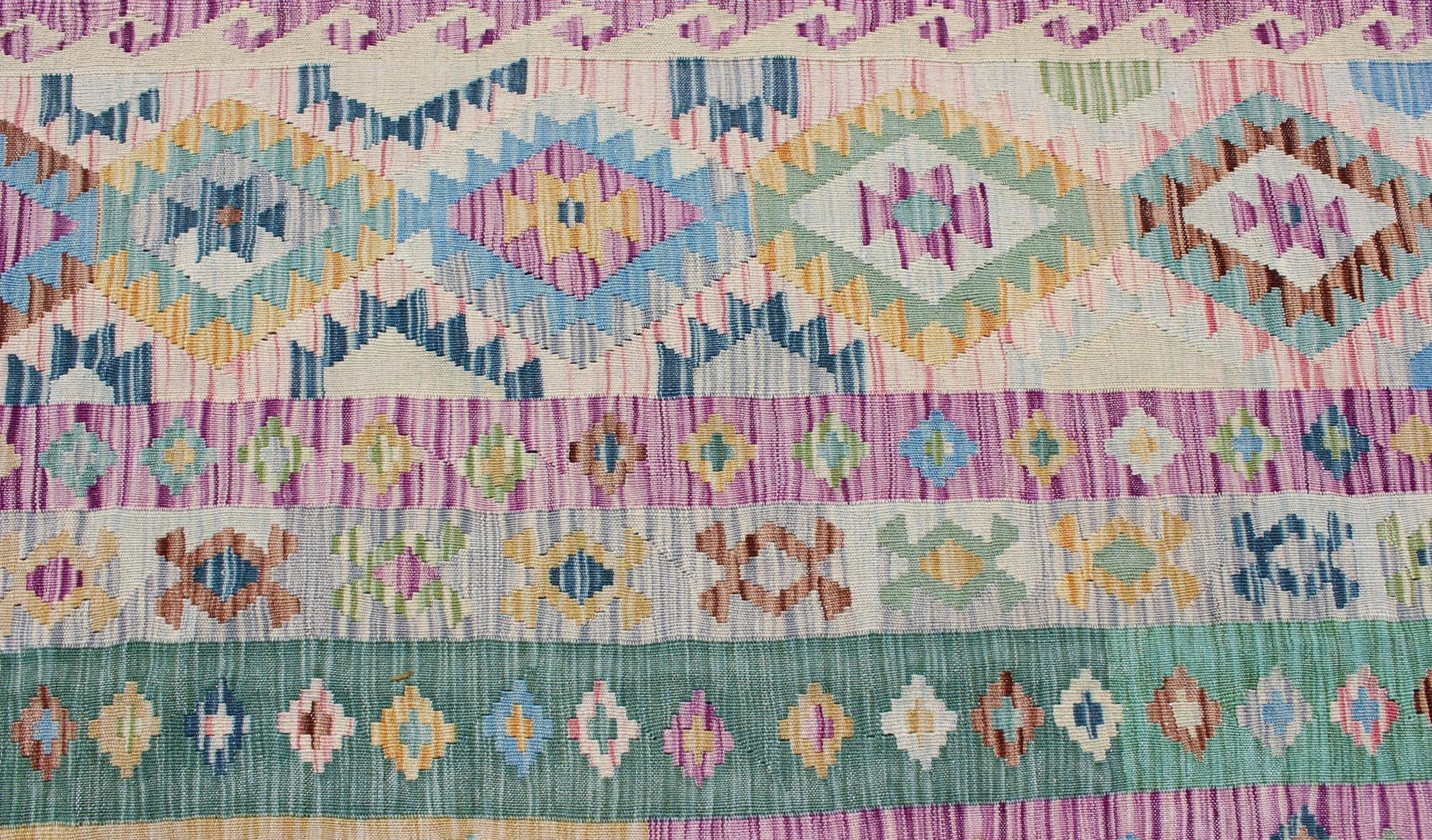 Wool Modern Afghan Flat Weave Kilim Rug in Purple, Lavender, Green, yellow and Cream 
