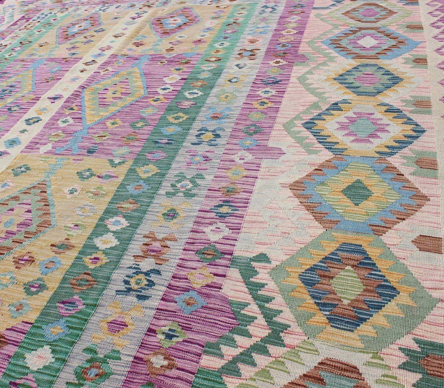 Modern Afghan Flat Weave Kilim Rug in Purple, Lavender, Green, yellow and Cream  1