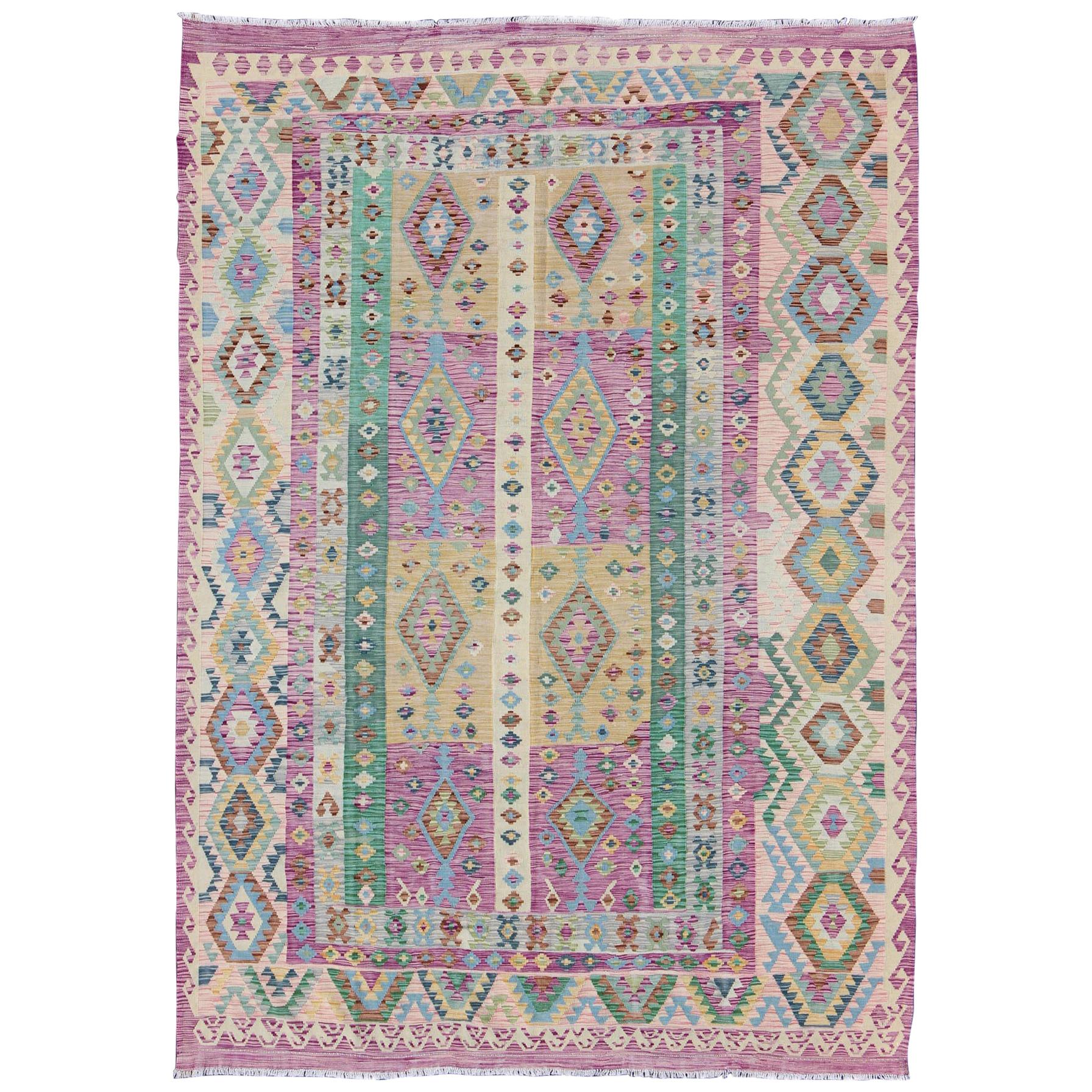 Modern Afghan Flat Weave Kilim Rug in Purple, Lavender, Green, yellow and Cream 
