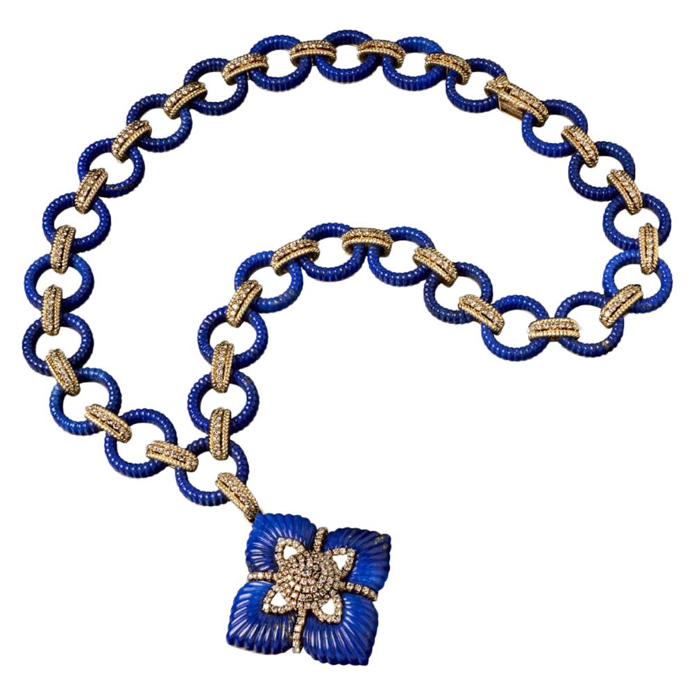 Veschetti Afghan Lapis Lazuli and Diamond Pendant Necklace For Sale