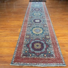 Tappeto da corridoio afgano Mamluke in lana annodato a mano, 2'5" x 19'6" – Motivo geometrico classico Meda