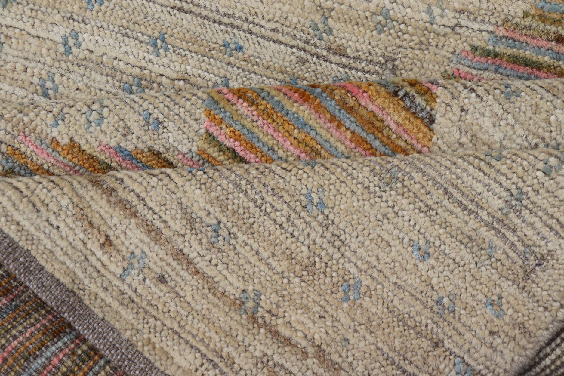 Afghan Modern Casual Hand-Woven in Sand, Mustard, Blue and Pink For Sale 3