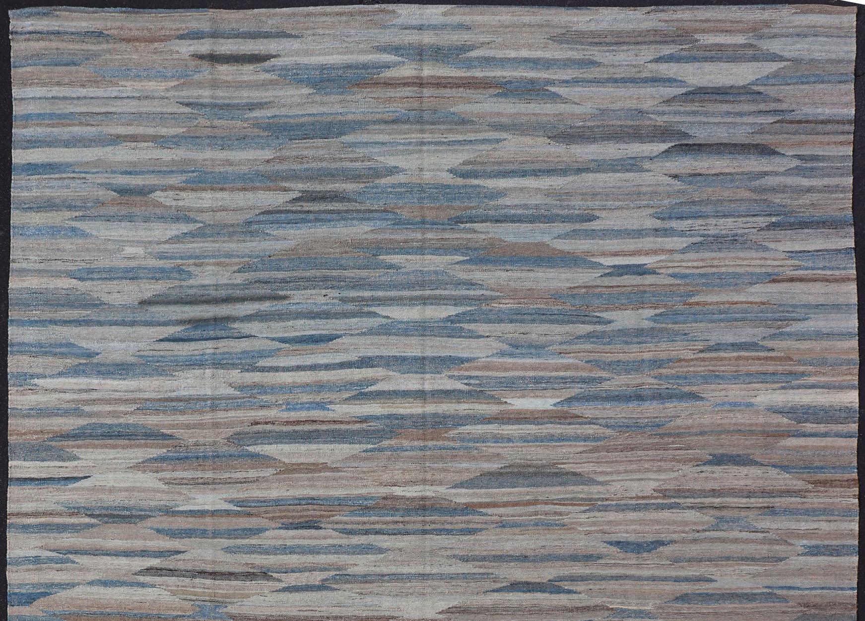 Afghan Modern Kilim All-Over Design in Blues, Browns, and Tan In Excellent Condition For Sale In Atlanta, GA
