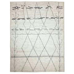 Afghan Moroccan Style Rug with Black and Brown Tribal Details on Ivory Field