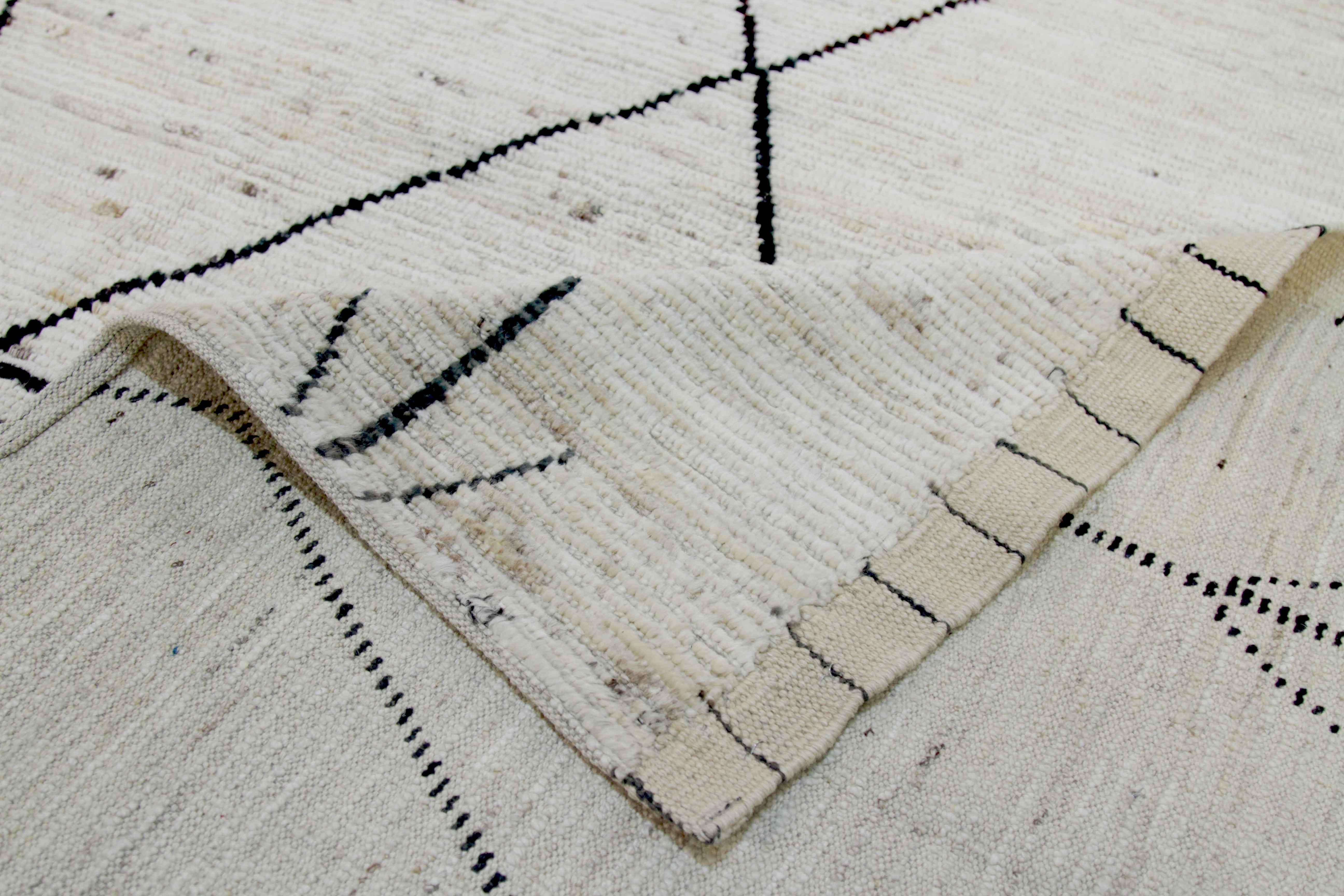 Wool Afghan Moroccan Style Rug with Black and Brown Tribal Details on Ivory Field For Sale