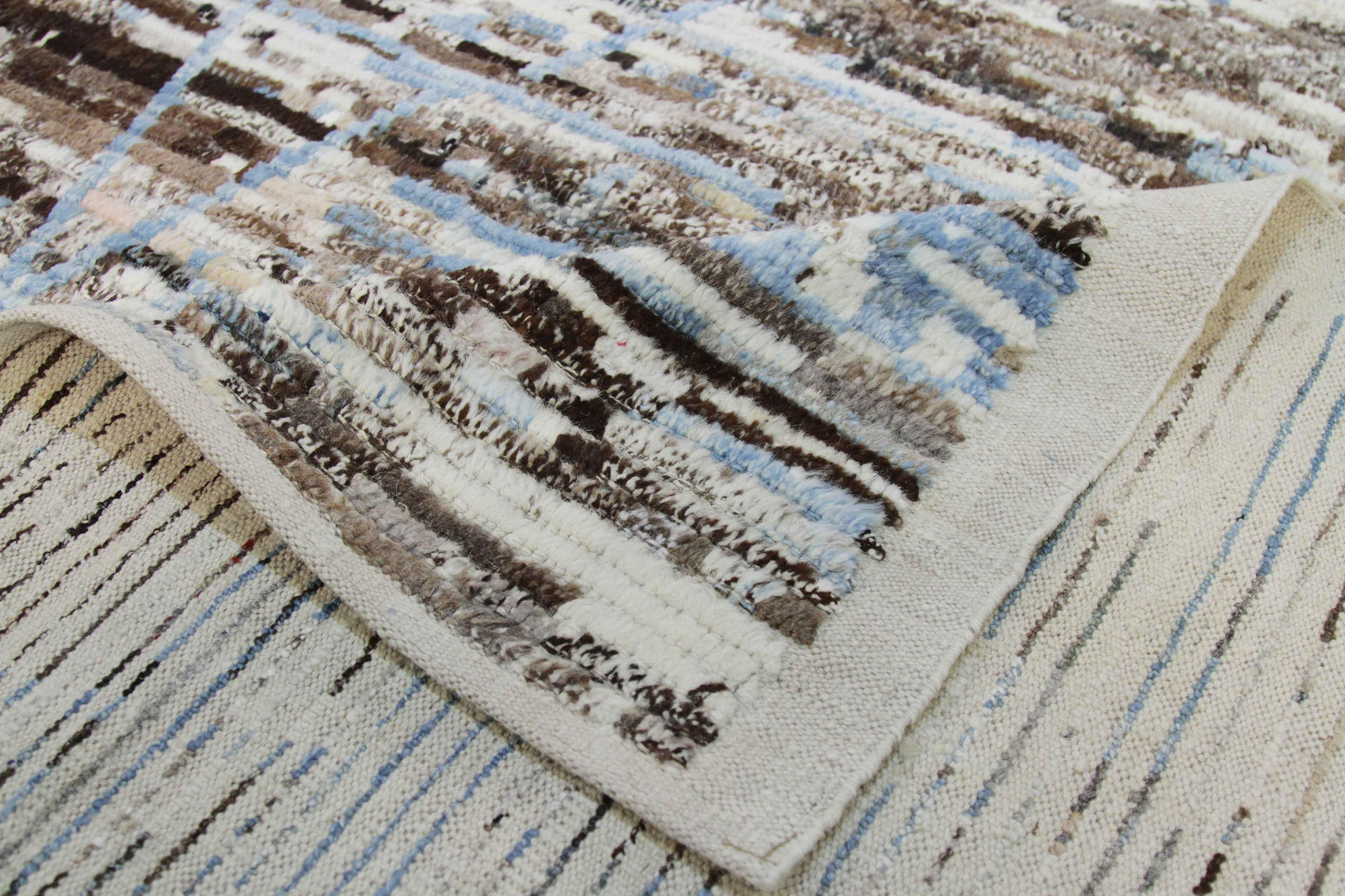 Contemporary Afghan Moroccan Style Rug with Blue Diagonal Lines on Ivory and Brown Field For Sale