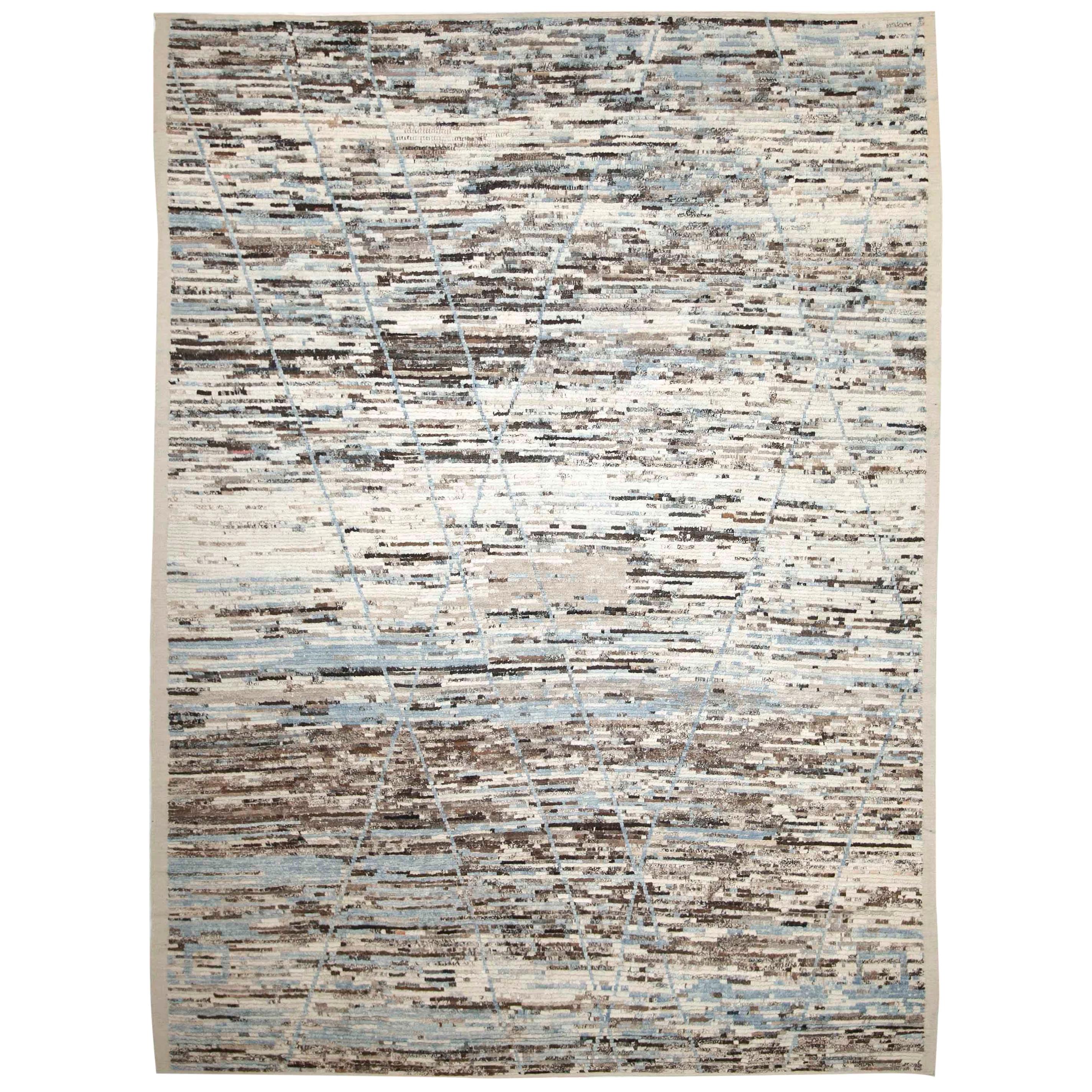 Afghan Moroccan Style Rug with Blue Diagonal Lines on Ivory and Brown Field