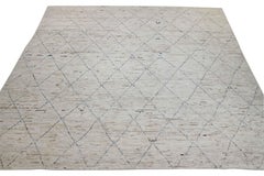 Afghan Moroccan Style Rug with Blue Diagonal Tile Pattern on Ivory Field
