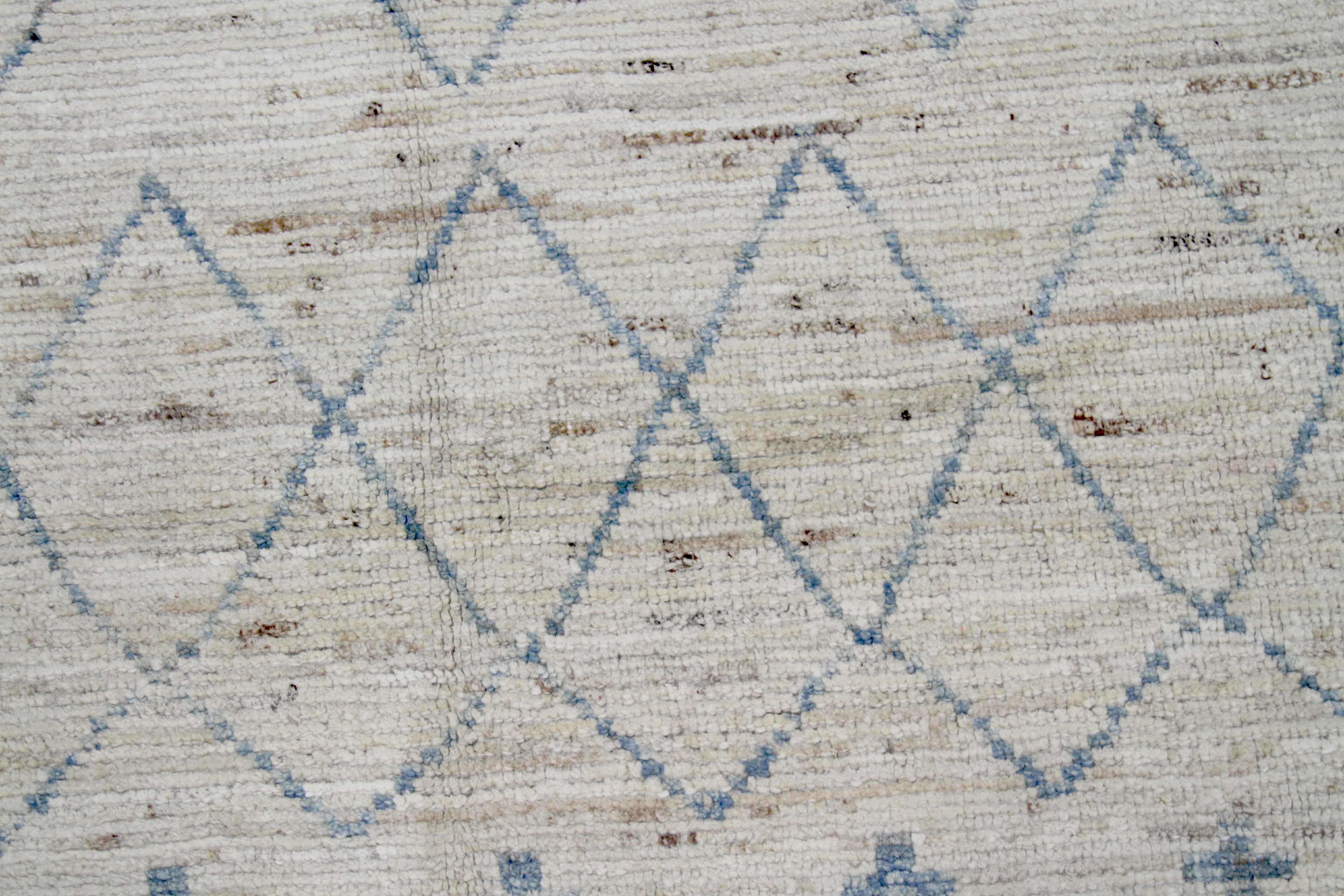 Hand-Woven Afghan Moroccan Style Rug with Blue Tribal Patterns on Ivory Field