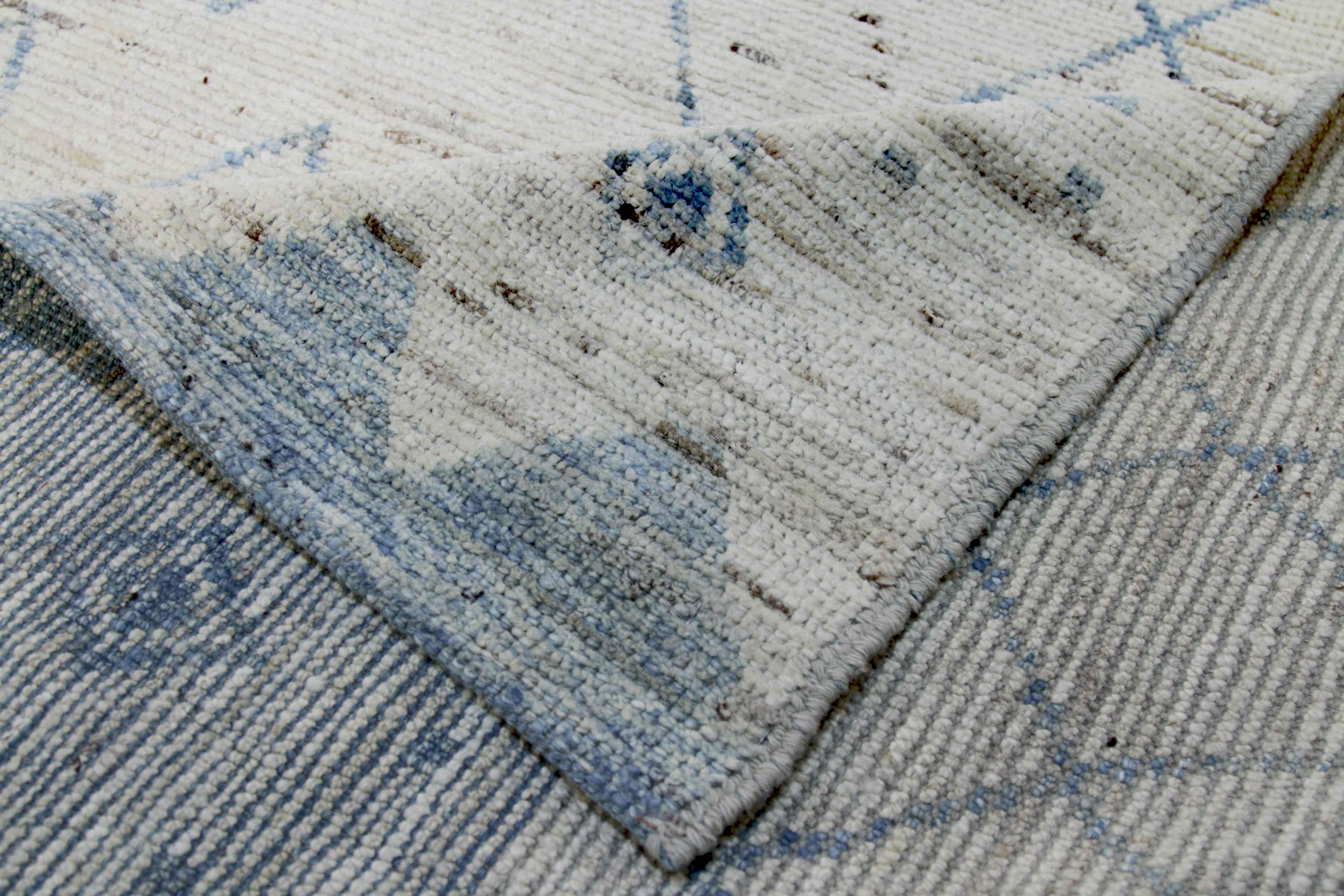 Wool Afghan Moroccan Style Rug with Blue Tribal Patterns on Ivory Field